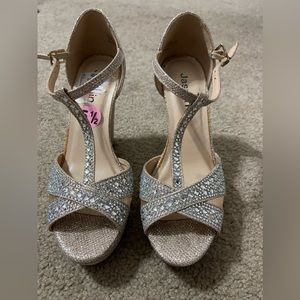 Gold rhinestone embedded wedge heels